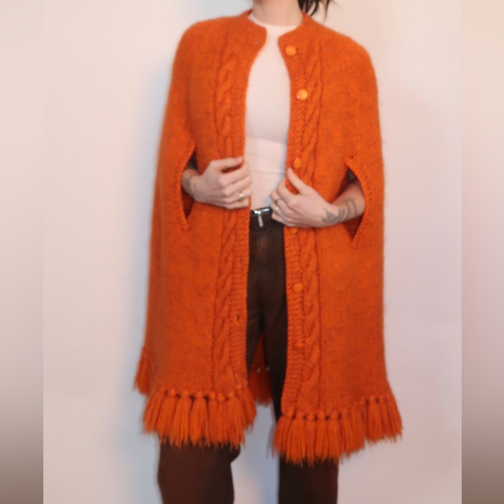 Orange Knit Cape with Fringe